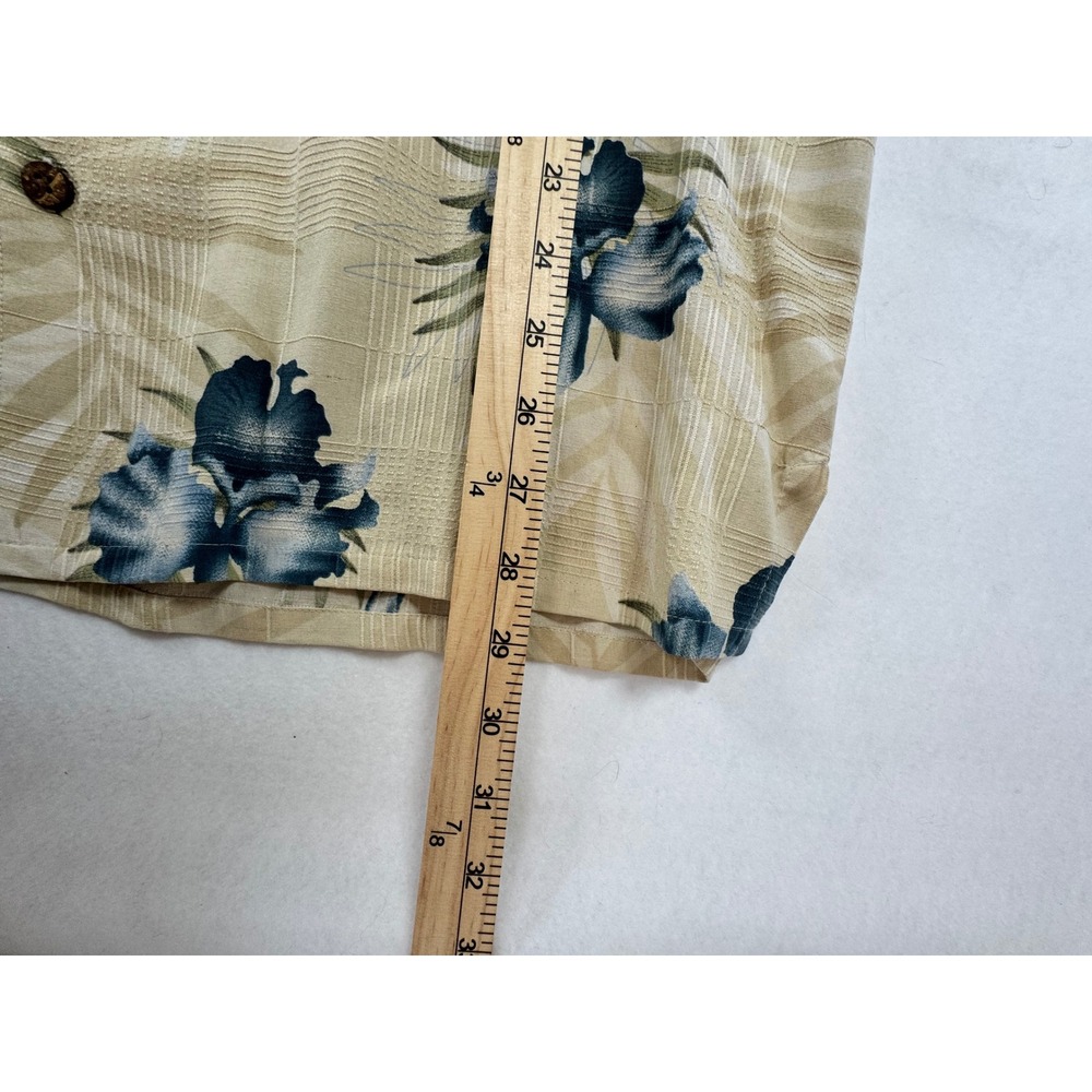 Banana Cabana Mens Large Silk Hawaiian Shirt Tan Blue Floral Short Sleeve Button - Picture 6 of 7